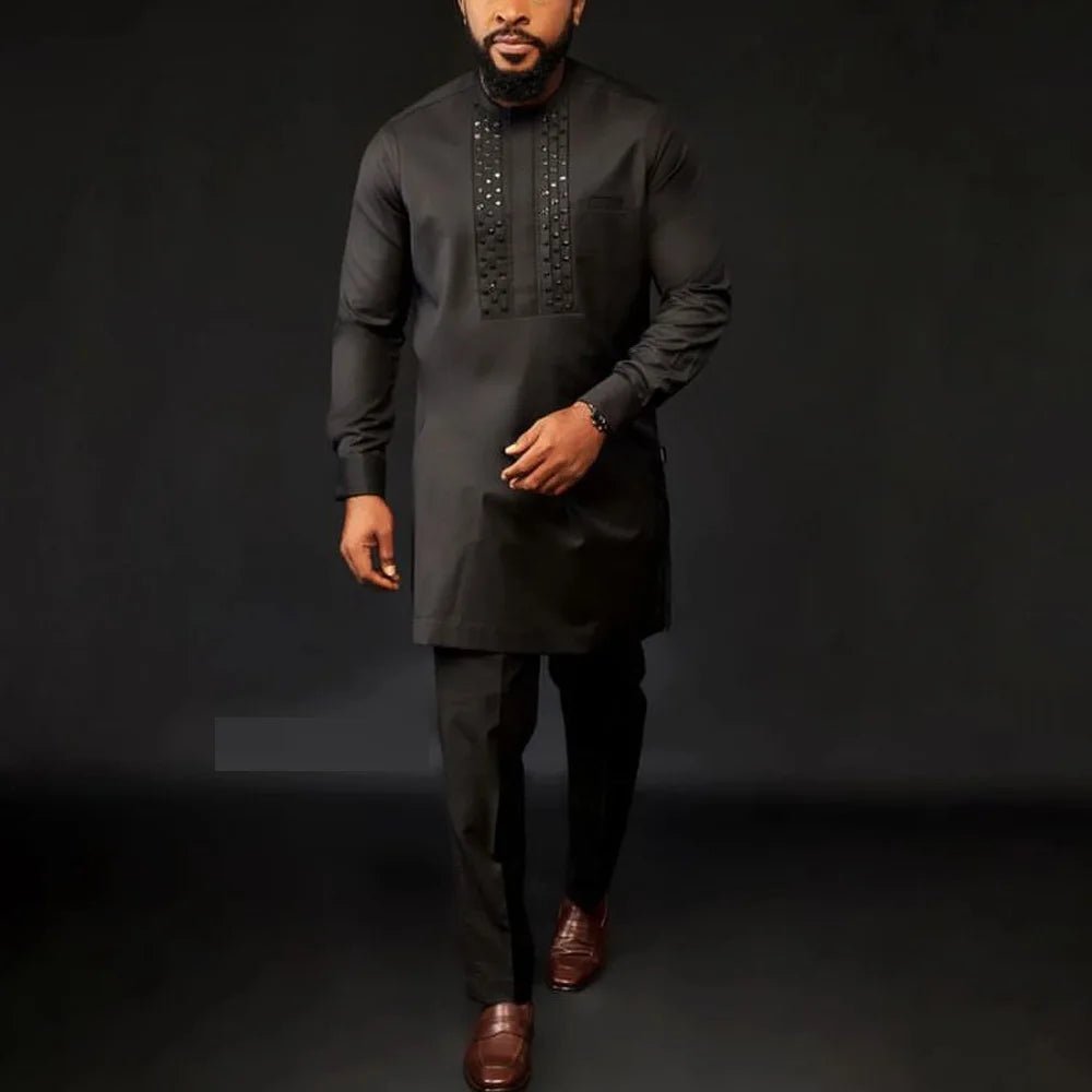 2 Piece African Clothes for Men Spring Autumn Africa Long Sleeve O - neck Black Top Pant Matching Sets Dashiki Africa Clothing - Free Delivery Worldwide only at Flexi Africa