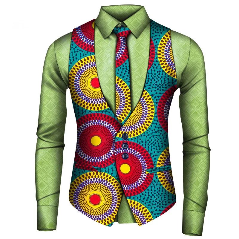 2024 New African Style Vest Men Africa Print Formal Business Casual Slim Vests Shirts Tie Set Men Prom Wedding Party Waistcoa - Free Delivery Worldwide only at Flexi Africa