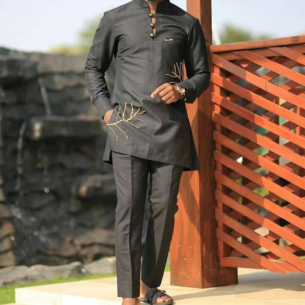 2PC African Traditional Outfit Dashiki Black O-Neck Elegant Suits Luxury Clothing Full Pant Sets - Flexi Africa - Flexi Africa offers Free Delivery Worldwide - Vibrant African traditional clothing showcasing bold prints and intricate designs