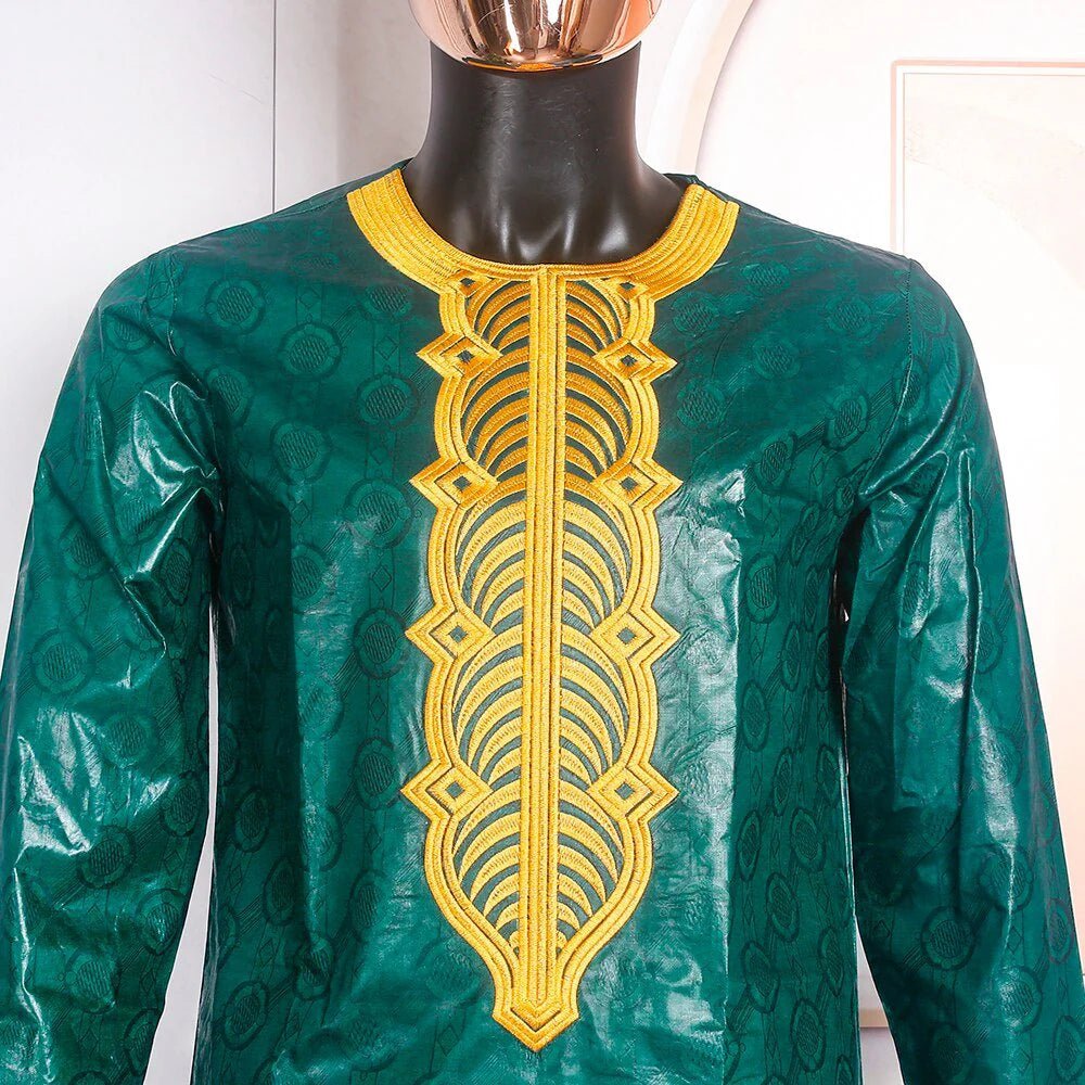 3PC Men Clothes Traditional with Riche Bazin Embroidered Bazin Green Wide Sleeved Robe Formal Attire - Free Delivery Worldwide only at Flexi Africa