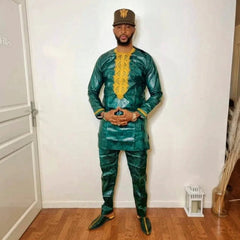 3PC Men Clothes Traditional with Riche Bazin Embroidered Bazin Green Wide Sleeved Robe Formal Attire - Free Delivery Worldwide only at Flexi Africa