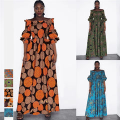 African National Print Party Dress Women Casual Sexy Slash - neck Lady Maxi Dress New Vintage Long - sleeved Loose Elegant Dresses - Free Delivery Worldwide only at Flexi Africa