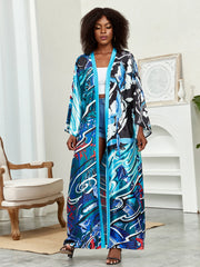 Lotus Print Open Front Long Sleeve Cover-Up with Belt & Contrast Trim