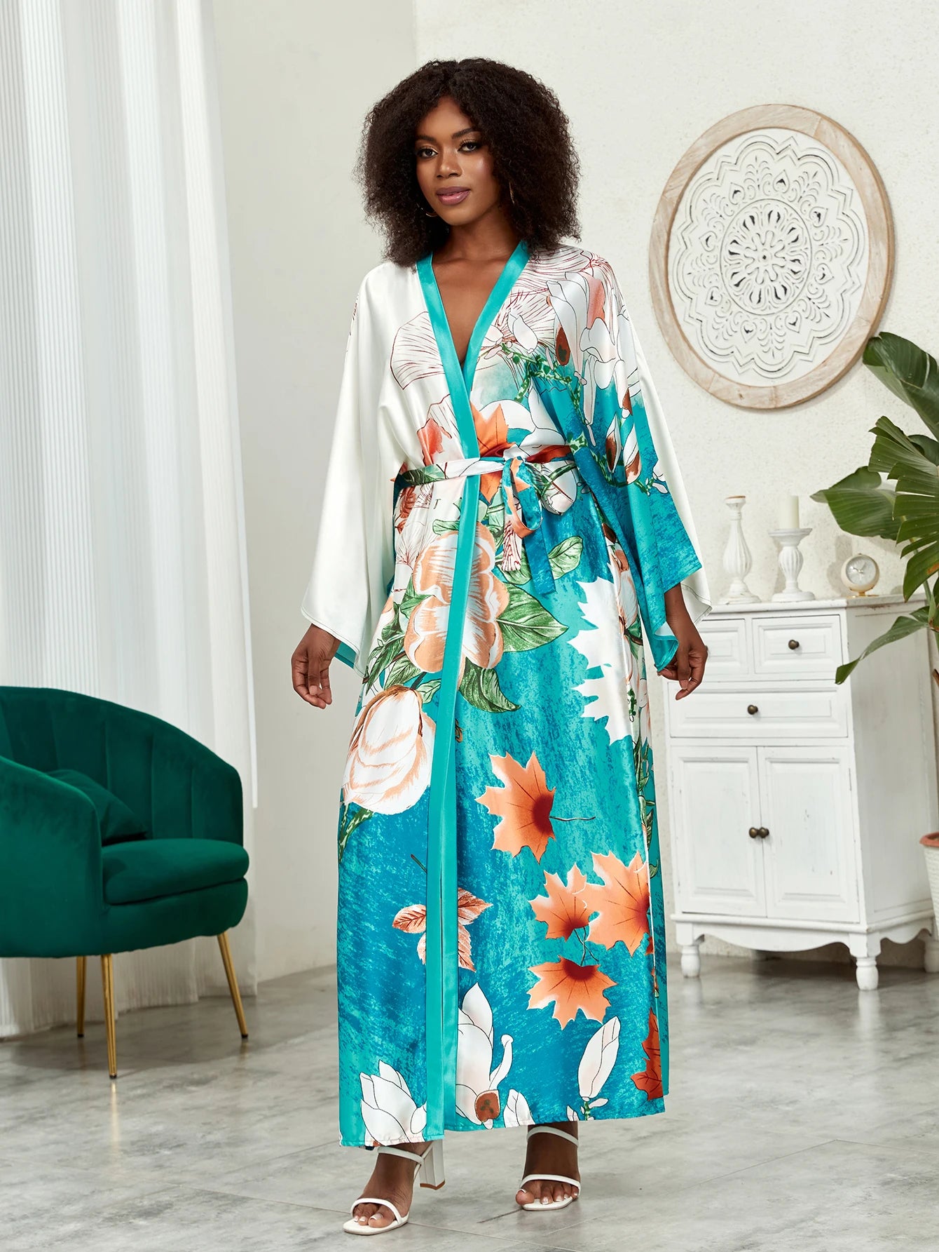 Lotus Print Open Front Long Sleeve Cover-Up with Belt & Contrast Trim