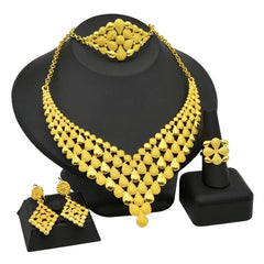 Gold-Plated Jewelry Set: Exquisite 24K Gold-Colored Necklace and Earrings for African Bridal Wear at Nigerian Wedding