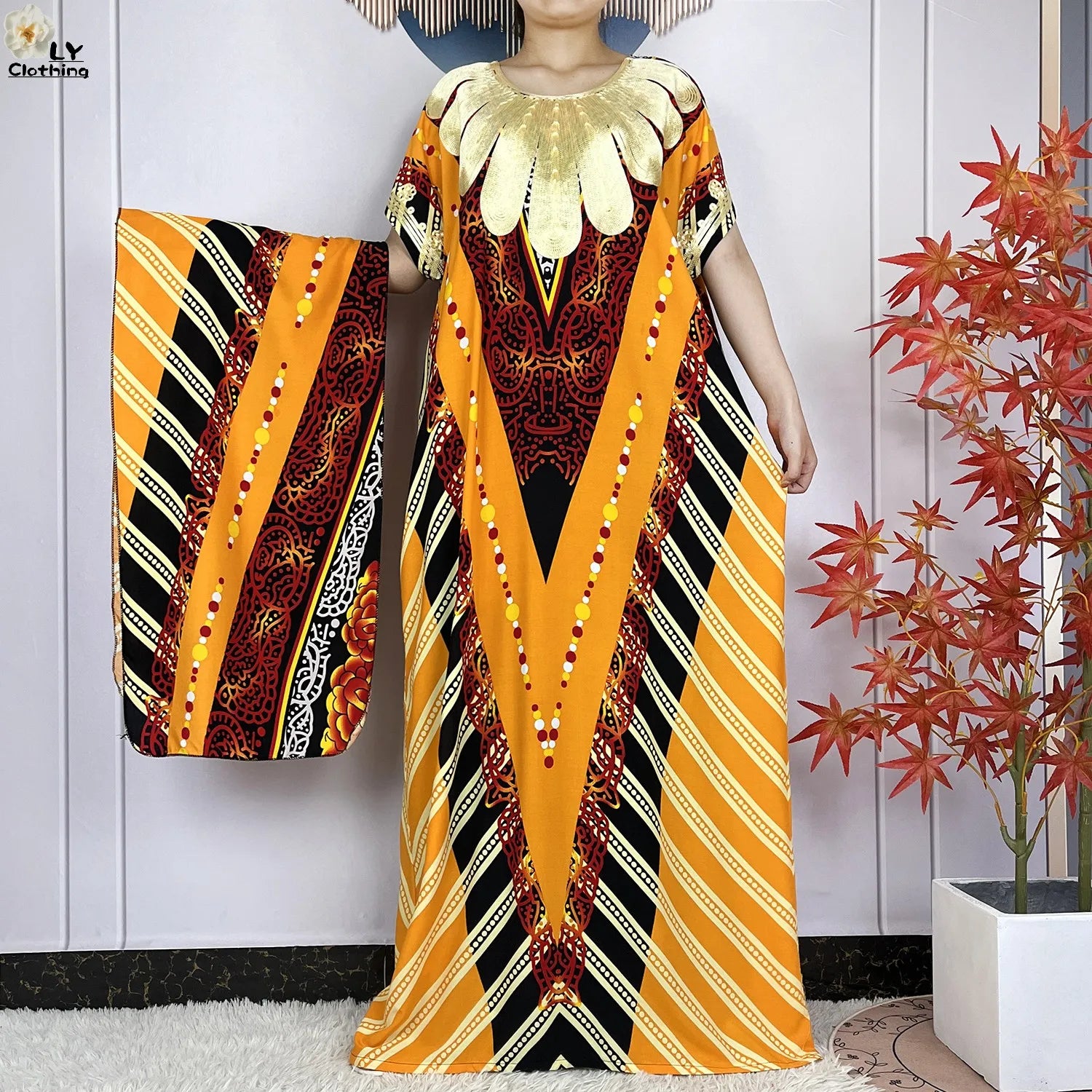 Elegant African Style Cotton Abaya Dress for Women with Patterned Print - Loose Fit Short Sleeve Muslim Rob