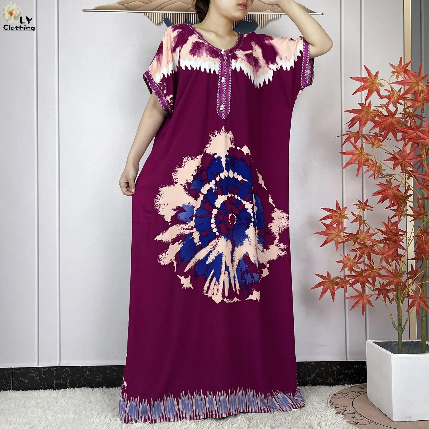 Elegant African Style Cotton Abaya Dress for Women with Patterned Print - Loose Fit Short Sleeve Muslim Rob