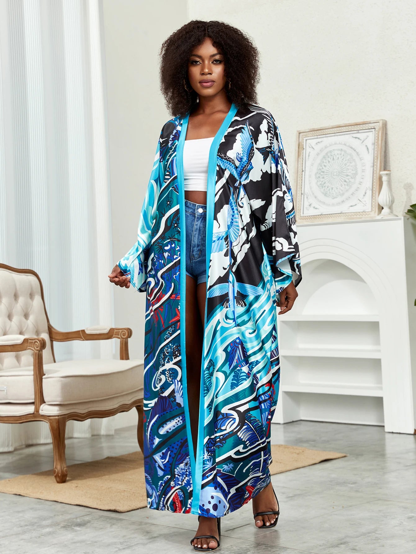 Lotus Print Open Front Long Sleeve Cover-Up with Belt & Contrast Trim