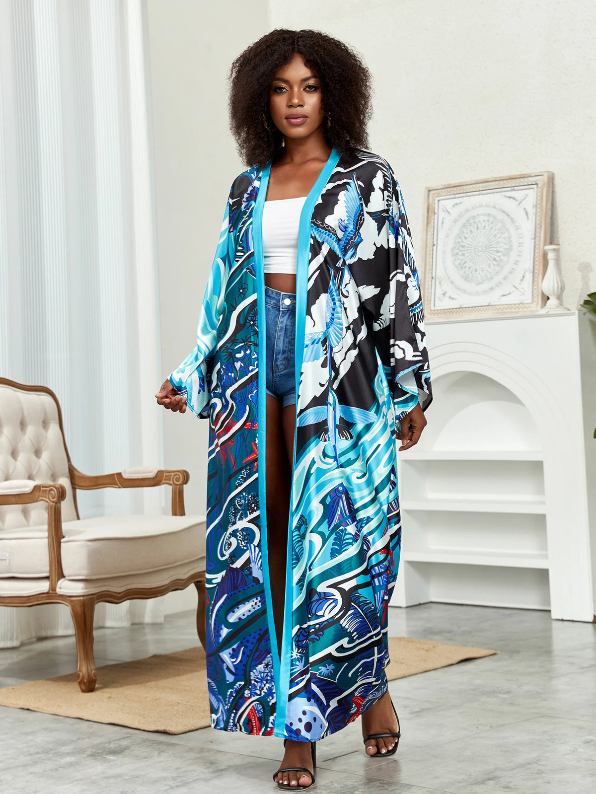 Lotus Print Open Front Long Sleeve Cover-Up with Belt & Contrast Trim