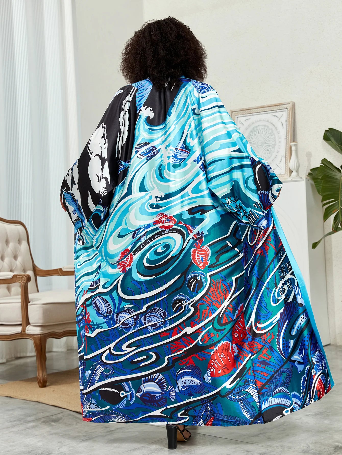 Lotus Print Open Front Long Sleeve Cover-Up with Belt & Contrast Trim