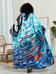 Lotus Print Open Front Long Sleeve Cover-Up with Belt & Contrast Trim