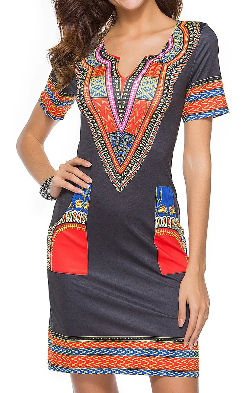 Summer Fashion: African Women's Short Sleeve V-neck Polyester Knee-length Dress - Flexi Africa - Flexi Africa offers Free Delivery Worldwide - Vibrant African traditional clothing showcasing bold prints and intricate designs