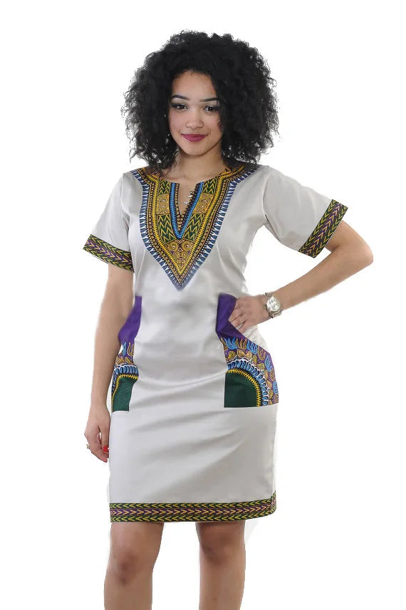 Summer Fashion: African Women's Short Sleeve V-neck Polyester Knee-length Dress - Flexi Africa - Flexi Africa offers Free Delivery Worldwide - Vibrant African traditional clothing showcasing bold prints and intricate designs