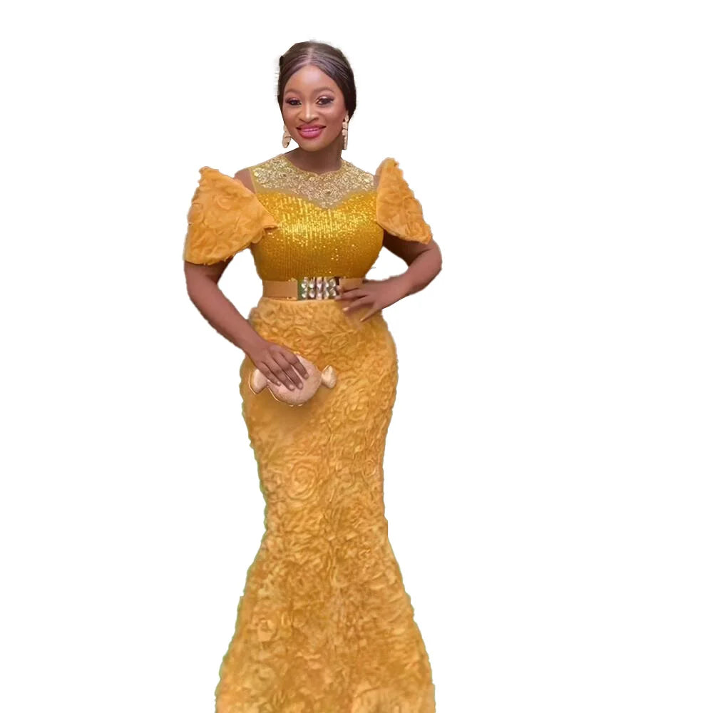 Elegant African Evening Dress for Women – Mesh Fabric, 3D Embroidery, Rhinestone & Sequin Details