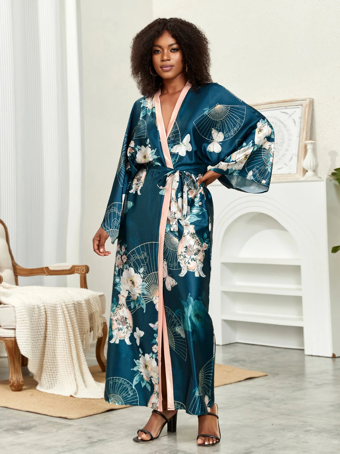 Lotus Print Open Front Long Sleeve Cover-Up with Belt & Contrast Trim
