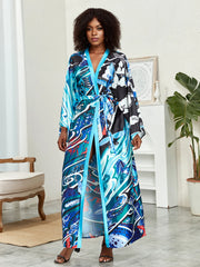 Lotus Print Open Front Long Sleeve Cover-Up with Belt & Contrast Trim