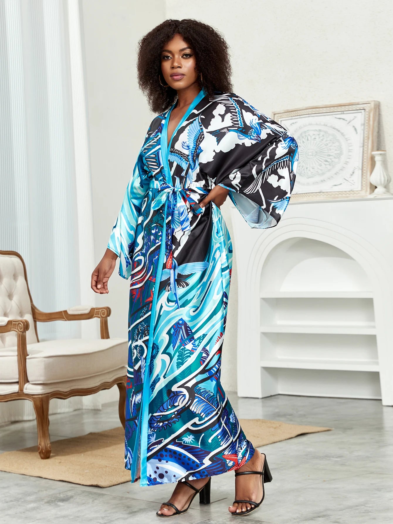 Lotus Print Open Front Long Sleeve Cover-Up with Belt & Contrast Trim