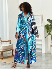 Lotus Print Open Front Long Sleeve Cover-Up with Belt & Contrast Trim