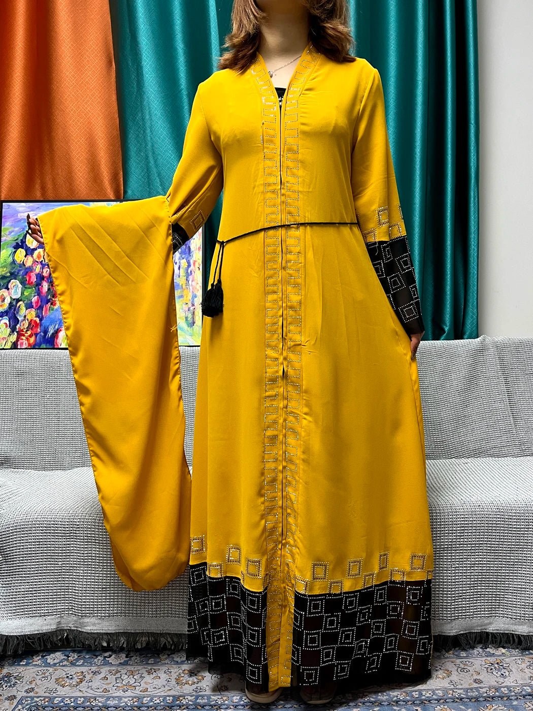 Abayas Chiffon Pure Chains Diamonds Loose Fit Femme Robe Caftan With Turban - Flexi Africa Free Delivery www.flexiafrica.com