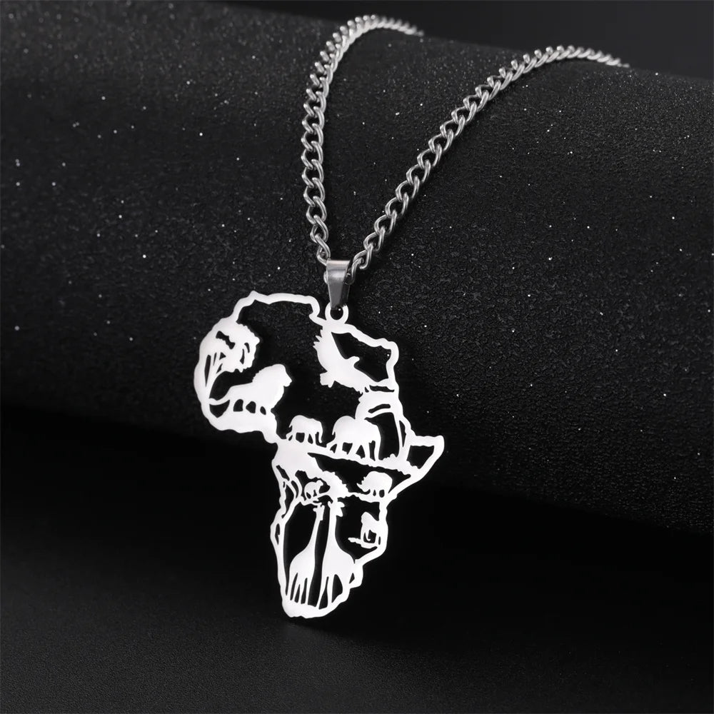 Africa Map Lion Elephant Monkey Giraffe Pendant Necklaces Stainless Steel Animal Chain Choker African Jewelry - Flexi Africa - Flexi Africa offers Free Delivery Worldwide - Vibrant African traditional clothing showcasing bold prints and intricate designs