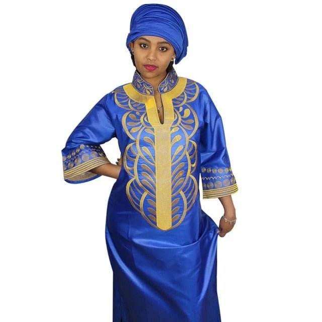 African Bazin Embroidery Long Dress Soft Material Traditional Clothing - Free Delivery Worldwide only at Flexi Africa