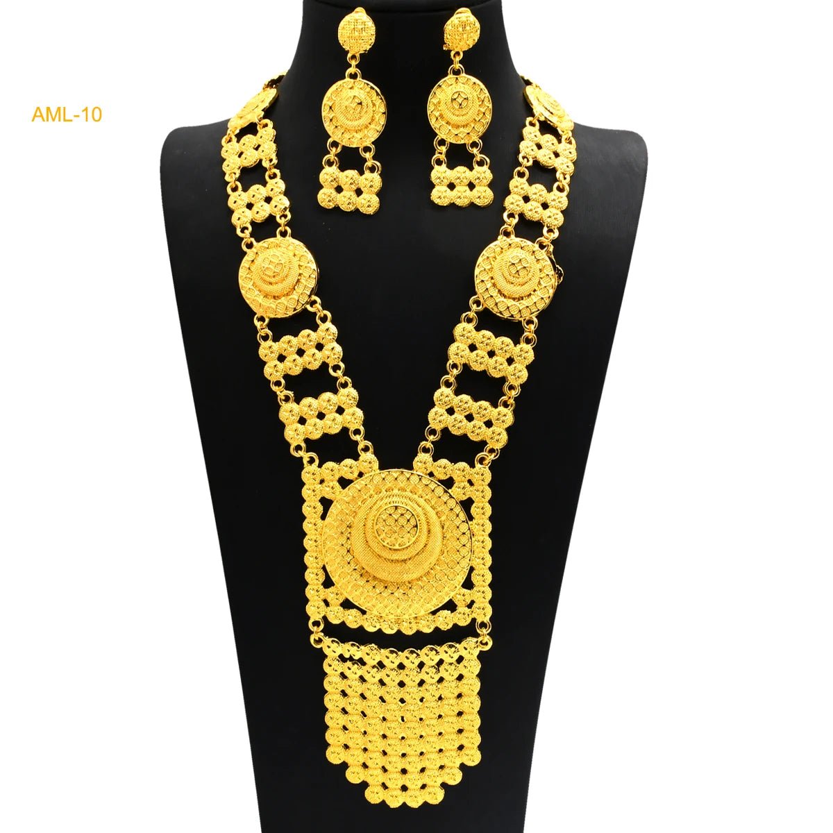 African Bridal Wedding Party Jewelry Set: Gold-Colored Necklace, Earrings, and Big Pendant Ensemble - Flexi Africa FREE POST