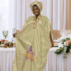 African Dress For Woman Bazin Riche Embroidery Design Floor Length Dress With Scarf - Free Delivery Worldwide only at Flexi Africa