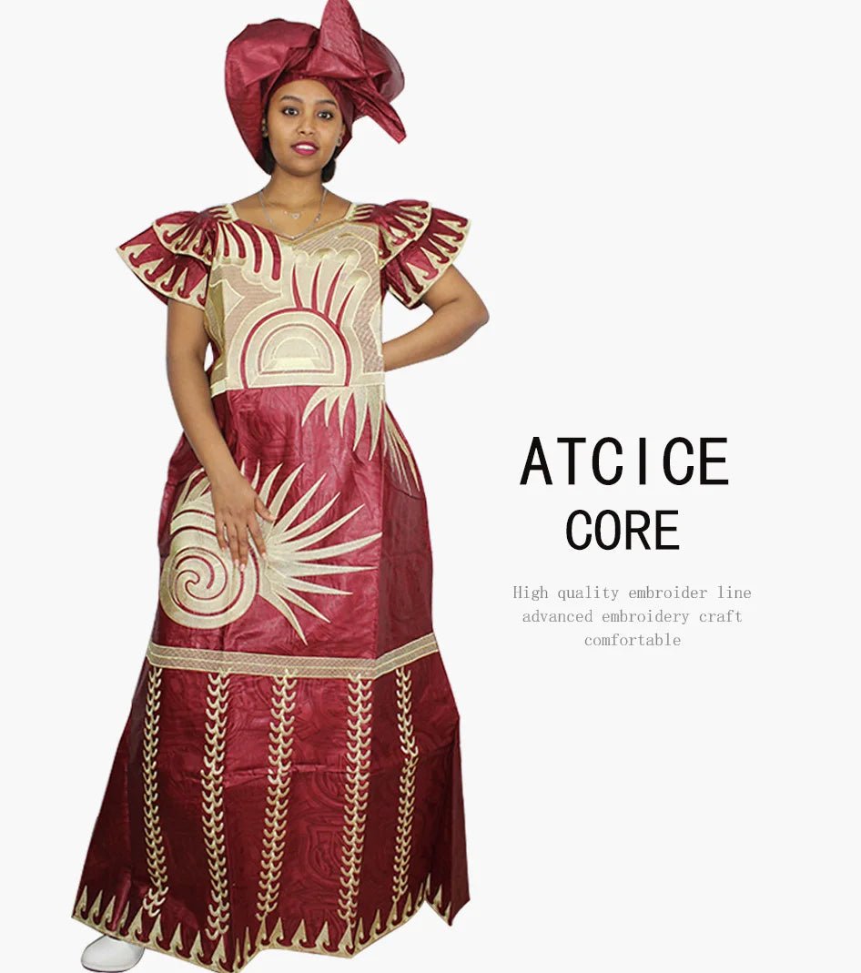 African Dresses for Women – Fashionable Long Dress with Embroidery Design & Matching Scarf - Free Delivery Worldwide only at Flexi Africa