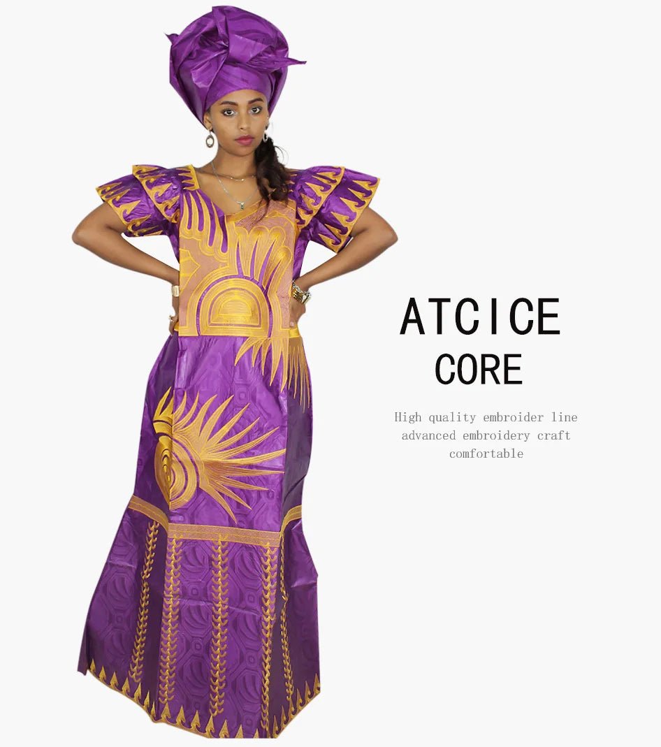 African Dresses for Women – Fashionable Long Dress with Embroidery Design & Matching Scarf - Free Delivery Worldwide only at Flexi Africa