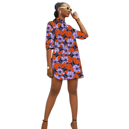 African Fashion Turn Down Collar Dress Customized Women's Ankara Outfit Colorful Print Female Wedding Wear - Free Delivery Worldwide only at Flexi Africa