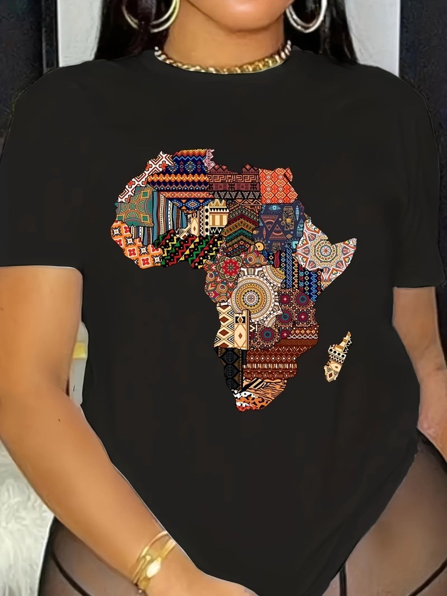 African - Inspired Patterned T-Shirt for Women, 95% Polyester 5% Elastane, Crew Neck Short Sleeve Top, Casual Loose Fit, Summer & Spring Fashion, Black, Spring Fashion Top | Casual Crew Neck | Glossy Fabric - Free Delivery Worldwide only at Flexi Africa