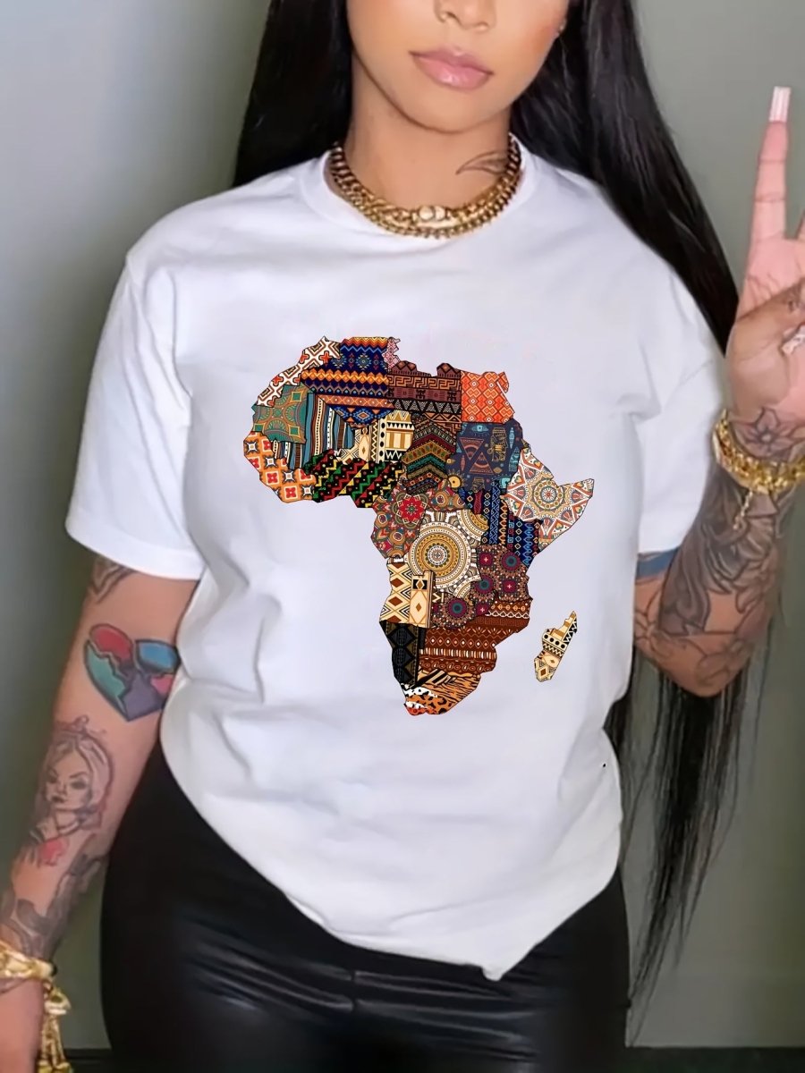 African - Inspired Patterned T-Shirt for Women, 95% Polyester 5% Elastane, Crew Neck Short Sleeve Top, Casual Loose Fit, Summer & Spring Fashion, Black, Spring Fashion Top | Casual Crew Neck | Glossy Fabric - Free Delivery Worldwide only at Flexi Africa