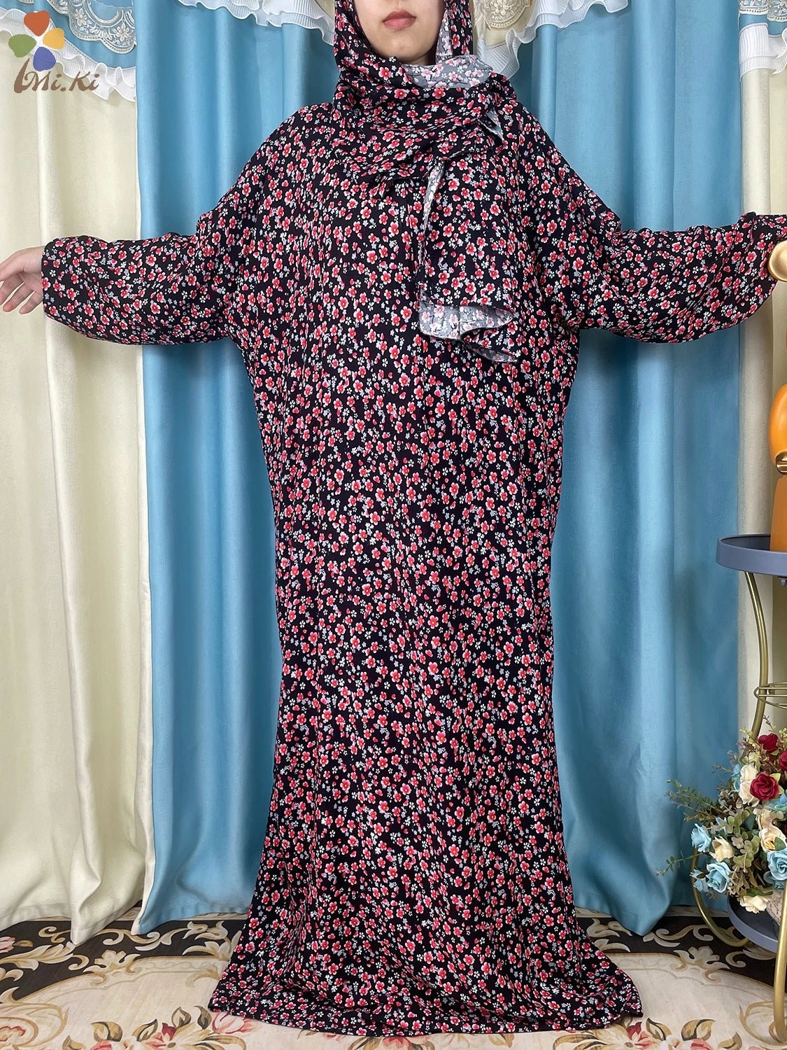 African Muslim Women Hooded Cotton Prayer Garment Kaftan With Hijab Floral Prints - Flexi Africa - www.flexiafrica.com