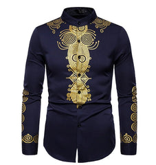 African Tribal Dashiki Totem Print Slim Fit Long Sleeve Mandarin Collar Men's Dress Shirt - Flexi Africa www.flexiafrica.com