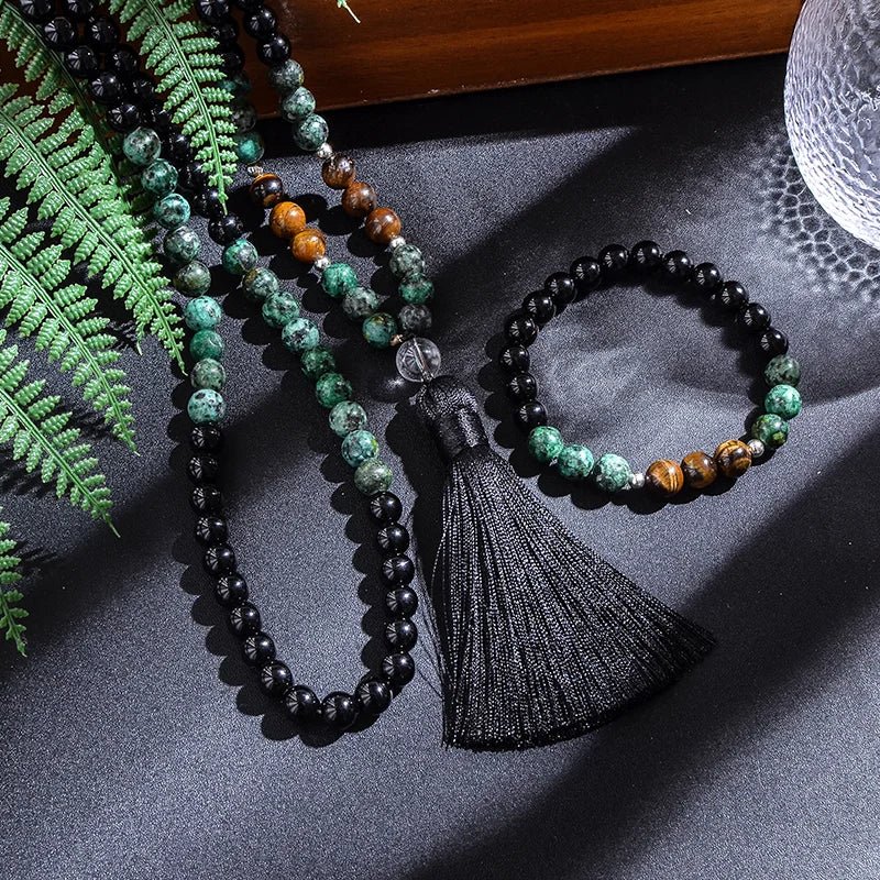 African Turquoise, Black Agate, and Yellow Tiger Eye Bead Japamala Meditation Necklace and Bracelet Set: Yoga Rosary Jewelry - Flexi Africa - Flexi Africa offers Free Delivery Worldwide - Vibrant African traditional clothing showcasing bold prints and intricate designs