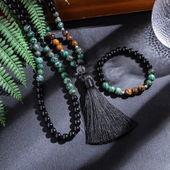 African Turquoise, Black Agate, and Yellow Tiger Eye Bead Japamala Meditation Necklace and Bracelet Set: Yoga Rosary Jewelry