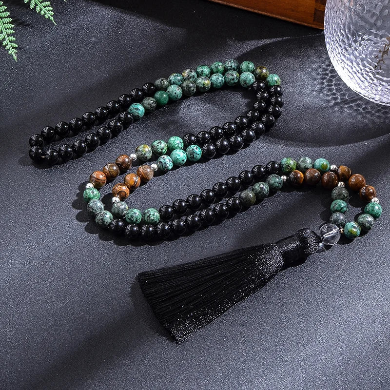 African Turquoise, Black Agate, and Yellow Tiger Eye Bead Japamala Meditation Necklace and Bracelet Set: Yoga Rosary Jewelry