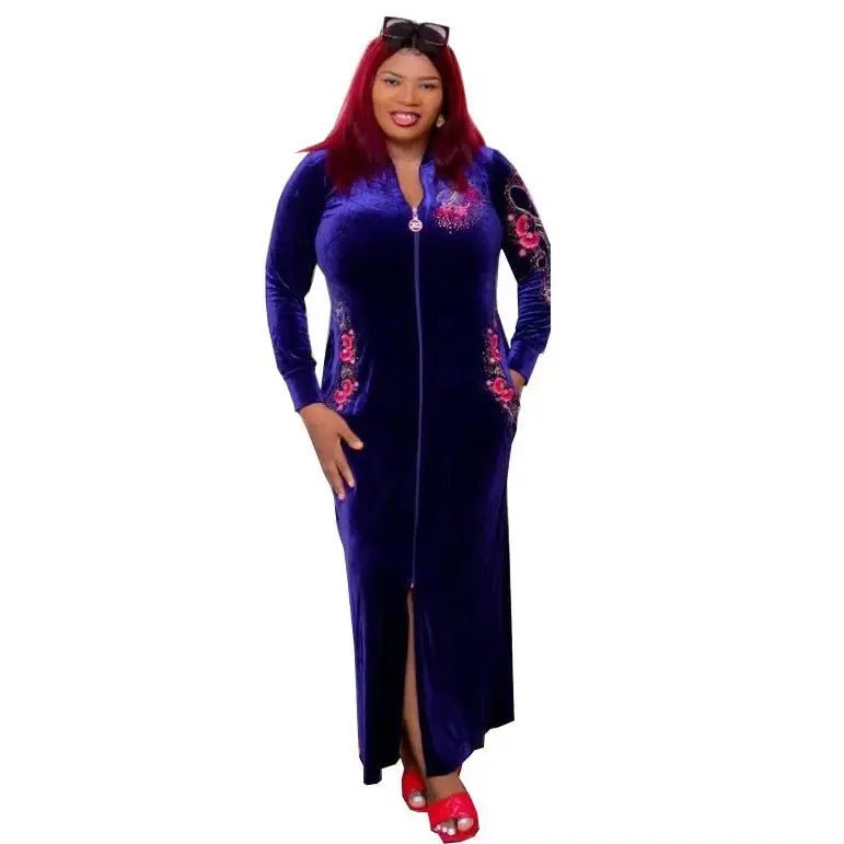 African Velvet Maxi Dress: Letter Robe Style with Sequins, O-Neck and Short Sleeves - Flexi Africa - Flexi Africa offers Free Delivery Worldwide - Vibrant African traditional clothing showcasing bold prints and intricate designs