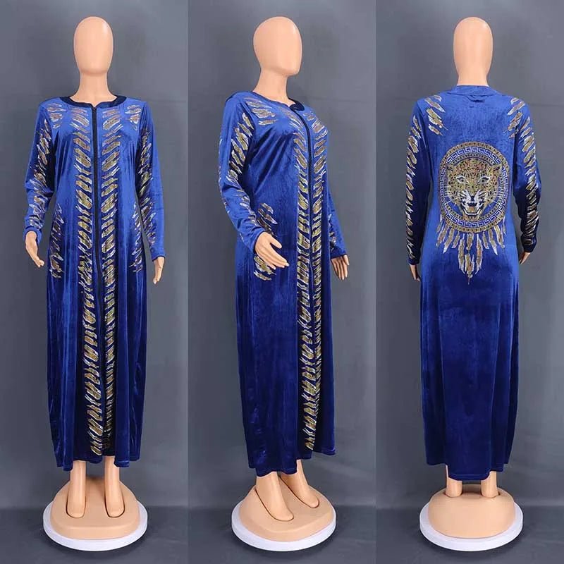 African Velvet Maxi Dress: Letter Robe Style with Sequins, O-Neck and Short Sleeves - Flexi Africa - Flexi Africa offers Free Delivery Worldwide - Vibrant African traditional clothing showcasing bold prints and intricate designs