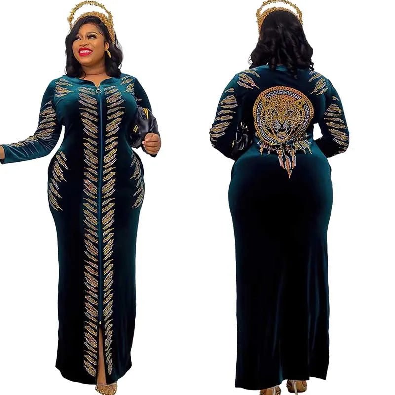 African Velvet Maxi Dress: Letter Robe Style with Sequins, O-Neck and Short Sleeves - Flexi Africa - Flexi Africa offers Free Delivery Worldwide - Vibrant African traditional clothing showcasing bold prints and intricate designs