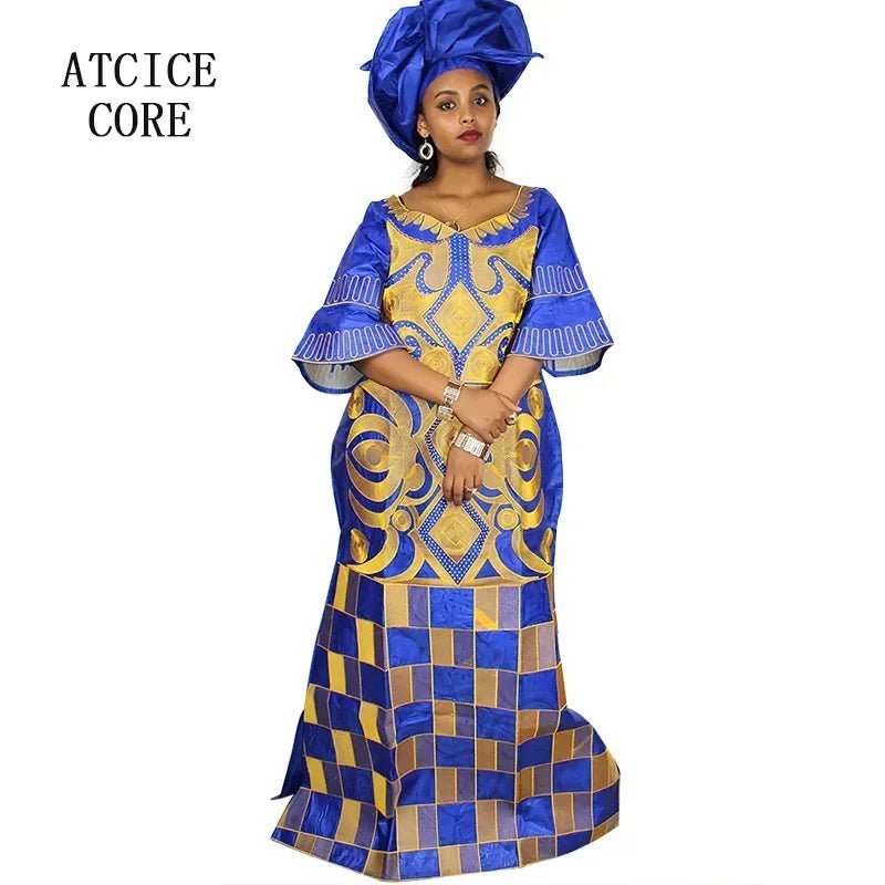 African Women's Bazin Riche Embroidered Plus - Size Long Dress with Matching Scarf - Free Delivery Worldwide only at Flexi Africa