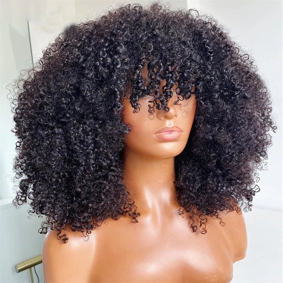 Afro Kinky Curly Human Hair Wigs with Bangs Wear to go Glueless Wig Remy Short Curly Bangs Wig Human Hair - Free Delivery Worldwide only at Flexi Africa