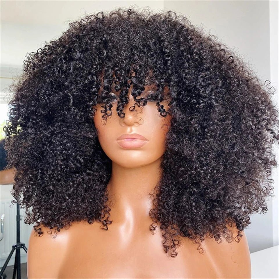 Afro Kinky Curly Human Hair Wigs with Bangs Wear to go Glueless Wig Remy Short Curly Bangs Wig Human Hair - Free Delivery Worldwide only at Flexi Africa