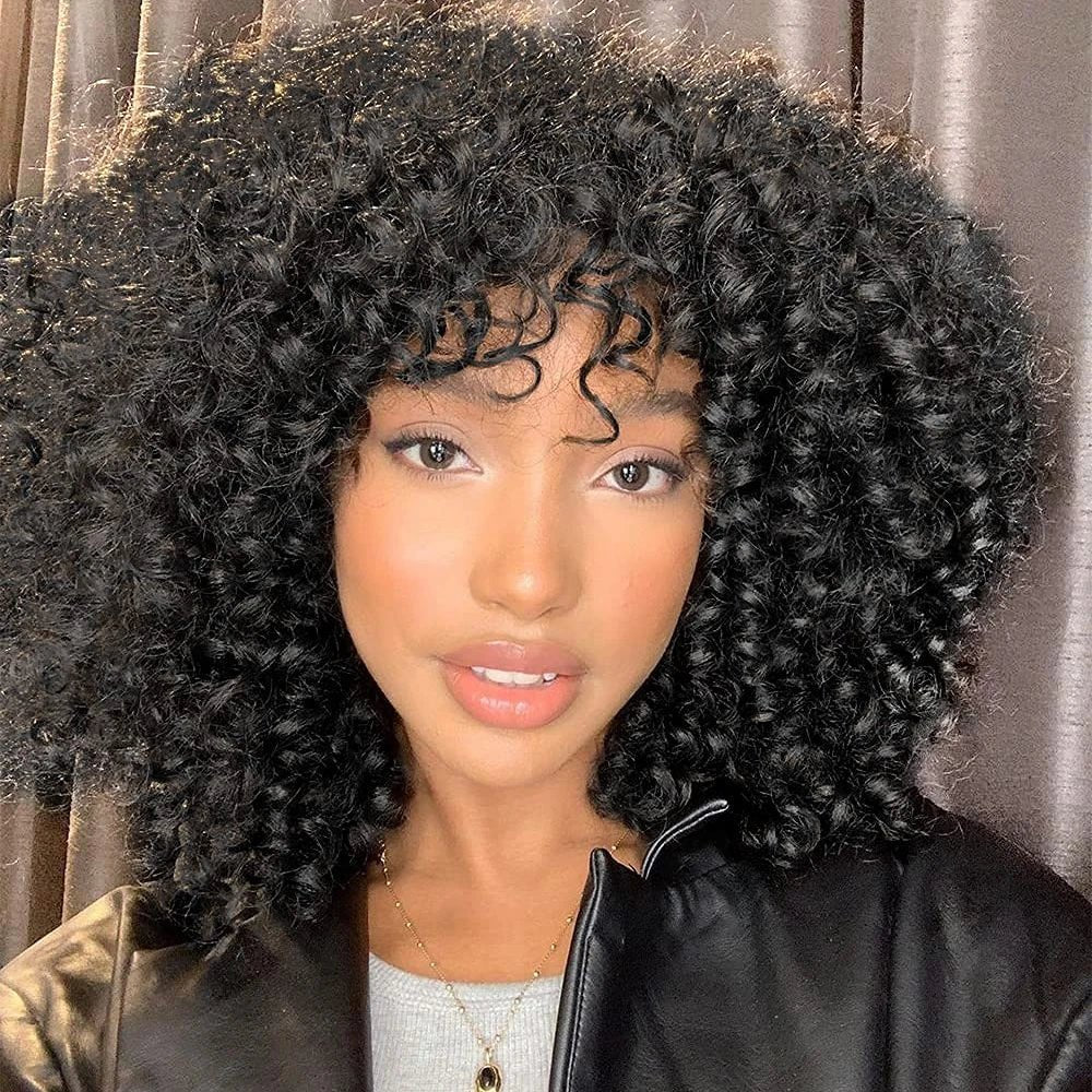 Afro Kinky Curly Human Hair Wigs with Bangs Wear to go Glueless Wig Remy Short Curly Bangs Wig Human Hair - Free Delivery Worldwide only at Flexi Africa