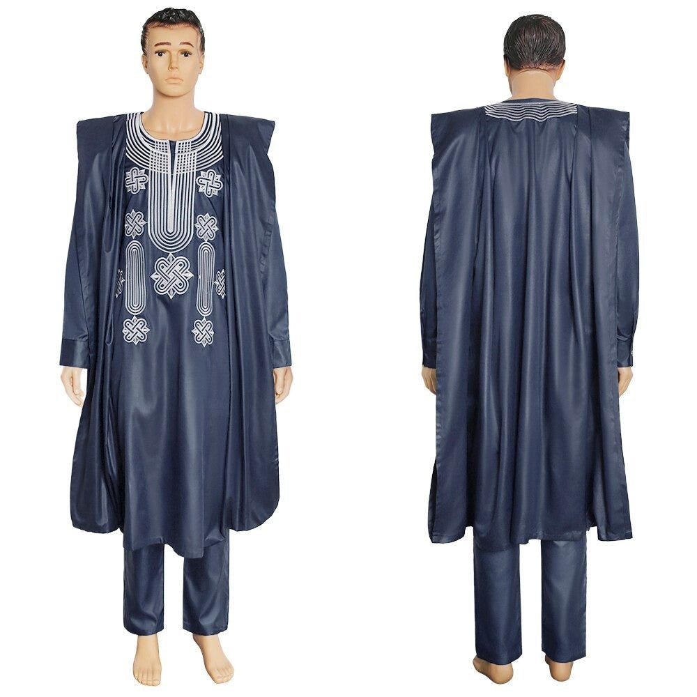 Authentic African Style: Men's Embroidered Agbada Suit Set with Traditional Robes, Long Sleeve Shirt, and Pants - Free Delivery Worldwide only at Flexi Africa