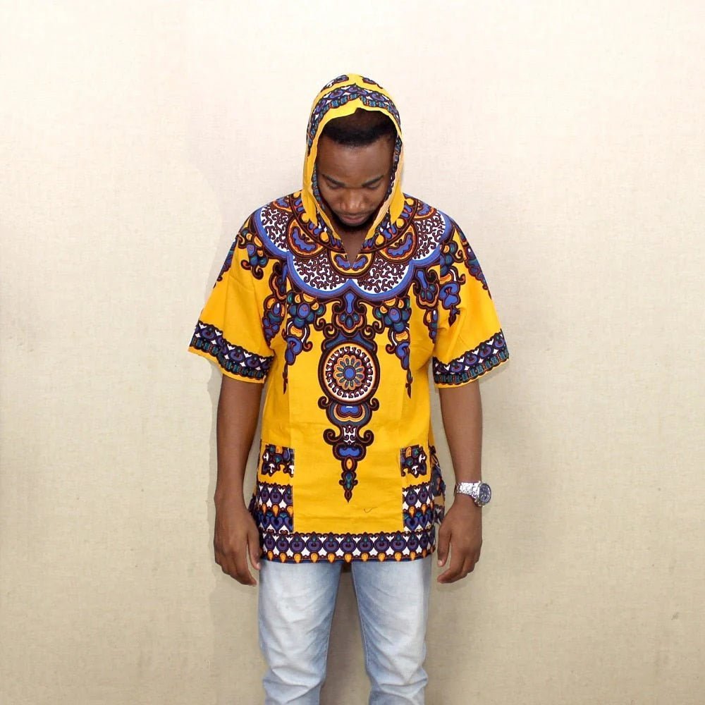 Bold African Street Style: Men's Dashiki Fabric Elongated Hoodie for Hip Hop and Hipster Fashion - Free Delivery Worldwide only at Flexi Africa