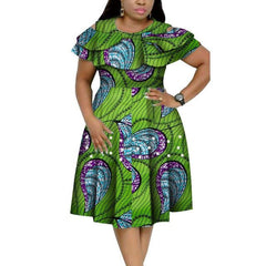 Bazin Riche African Ruffles Collar Dress with Dashiki Print and Pearls for Women. Flexi Africa offers Free Delivery Worldwide