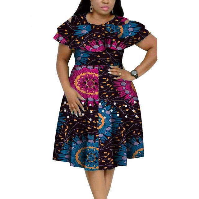 Bazin Riche African Ruffles Collar Dress with Dashiki Print and Pearls for Women. Flexi Africa offers Free Delivery Worldwide