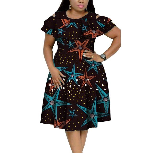 Bazin Riche African Ruffles Collar Dress with Dashiki Print and Pearls for Women. Flexi Africa offers Free Delivery Worldwide