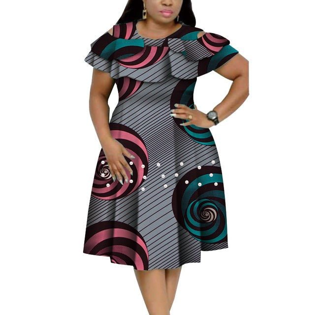 Bazin Riche African Ruffles Collar Dress with Dashiki Print and Pearls for Women. Flexi Africa offers Free Delivery Worldwide